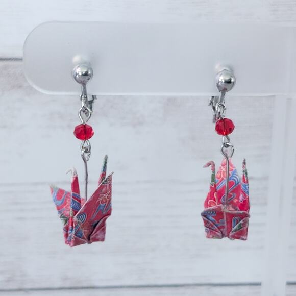 Vintage Clip On Earrings Origami Crane Dangle Earrings - Picture 2 of 15